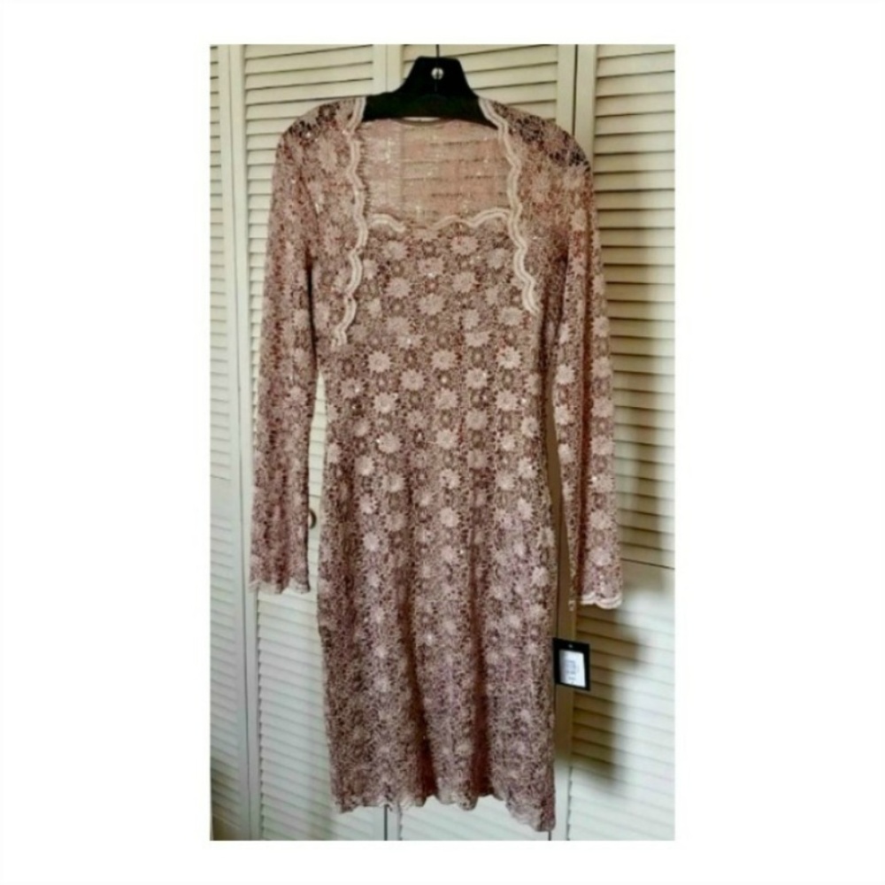 Marina Sequined Floral Dress Scallop Neck NWT